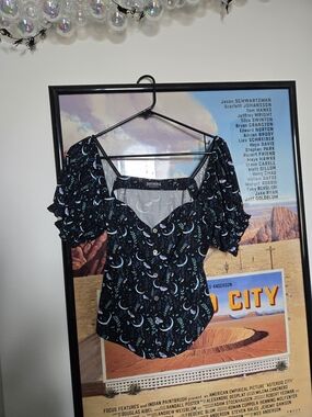 Disturbia Black Crescent & Star Smocked Puff Sleeve Blouse